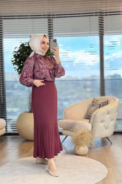 71029 Şal Desen Gömlek Pilise Etekli Takım Bordo