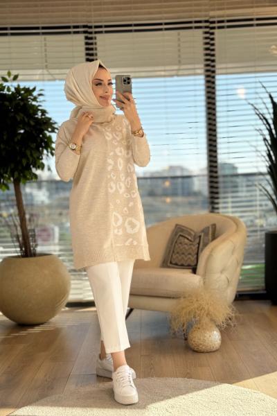 7103 Sağ Taraf Leopar Desen Triko Tunik Bej