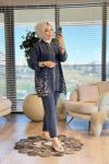 71045 Arkası Ve Etek Ucu Leopar Desenli Takım Siyah