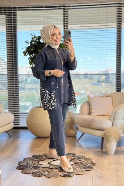 71045 Arkası Ve Etek Ucu Leopar Desenli Takım Siyah