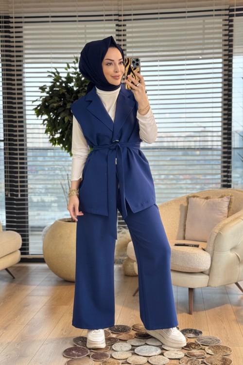 71050 Omuzları Fermuarlı Yelekli Takım Lacivert