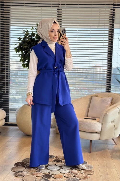 71050 Omuzları Fermuarlı Yelekli Takım Saks