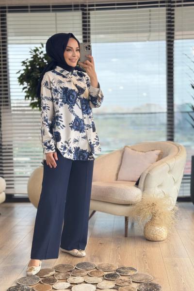 71077 Saten Gül Desenli Gömlekli Takım Lacivert