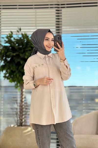 7108 Cebi Boncuk İşli Tencel Tunik Taş