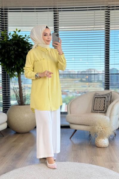 7108 Cebi Boncuk İşli Tencel Tunik Sarı