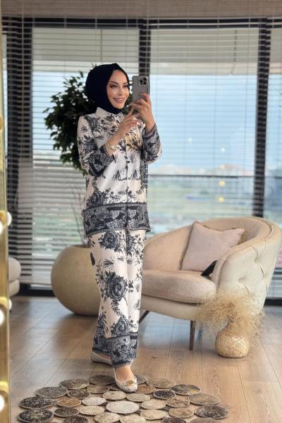 71086 Saten Gül Desenli Takım Siyah