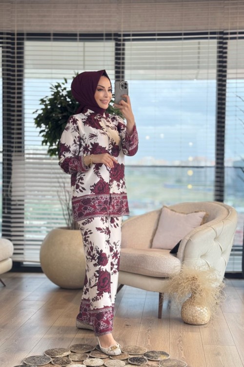 71086 Saten Gül Desenli Takım Bordo