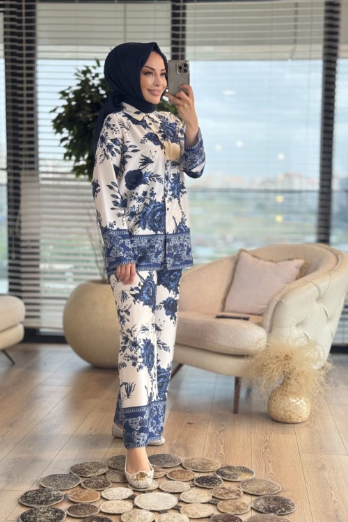 71086 Saten Gül Desenli Takım Lacivert