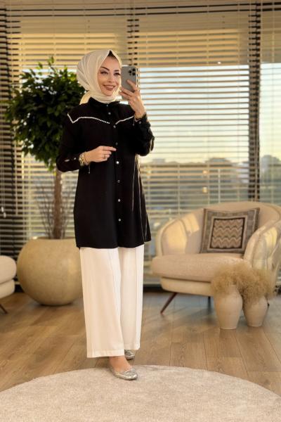 7109 Roba V Taş Detaylı Tencel Tunik Siyah