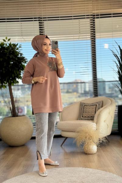 7113 Sağ Göğüs Taş Yaprak İşli Tunik Kahve