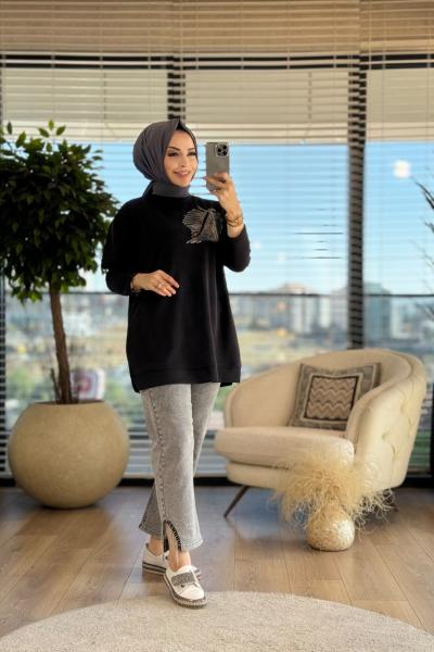 7113 Sağ Göğüs Taş Yaprak İşli Tunik Siyah