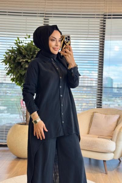 7114 Ön Oval Arkası Uzun Keten Takım Siyah