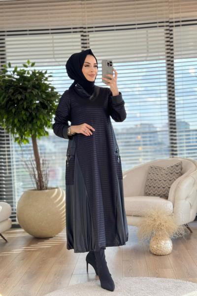 7115 Hasır Desen Yanları Deri Detaylı Elbise Siyah