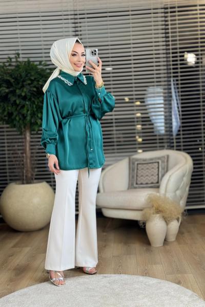 7126 Catalina Yaka Taş İşlemeli Gömlek Zümrüt