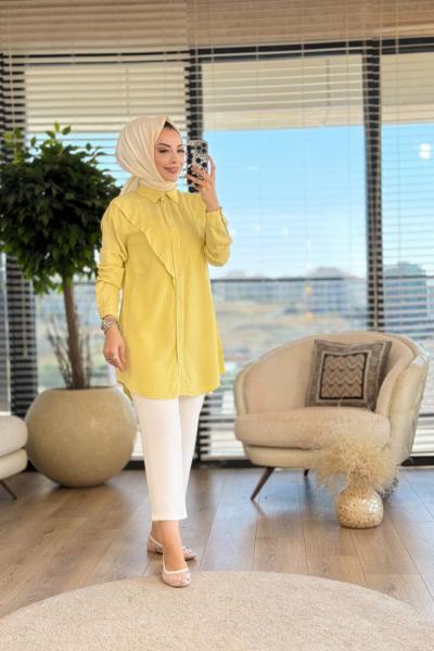 7126 Ön V Parçalı Tencel Tunik Sarı