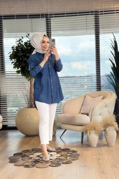 7127  Tencel Yıldız Nakışlı Tunik Koyu Mavi