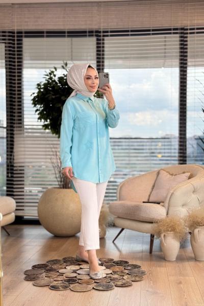 7127  Tencel Yıldız Nakışlı Tunik Turkuaz