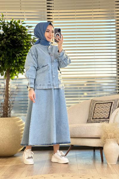 7128 Ön Cepli Etekli Kot Takım Mavi