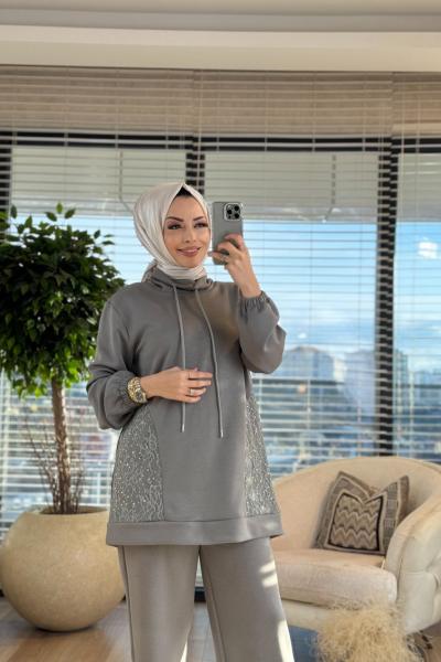 7134 Yanları Dantel Ve Taş Detaylı Takım Haki