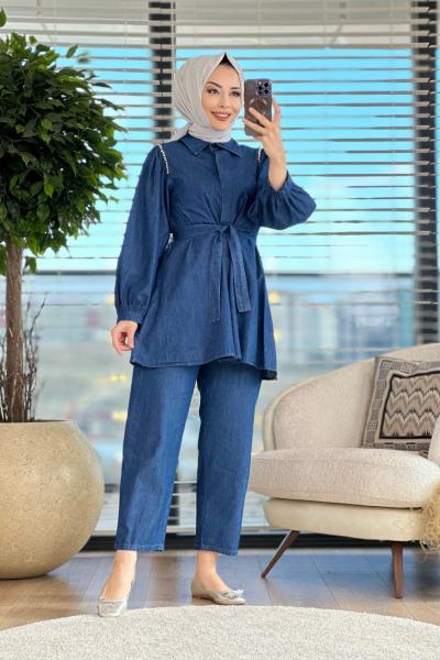 7135 Omuz Taş Detaylı Tencel Takım Lacivert