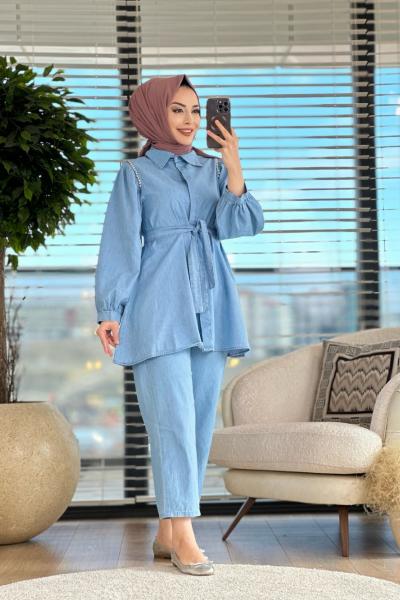 7135 Omuz Taş Detaylı Tencel Takım Mavi