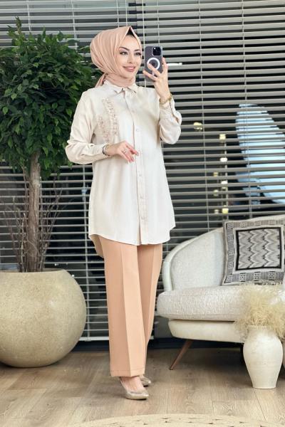 7136 Sol Göğüs Fırfır Detaylı Tencel Tunik Ekru