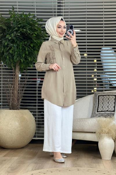 7136 Sol Göğüs Fırfır Detaylı Tencel Tunik Vizon