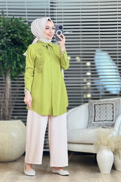 7136 Sol Göğüs Fırfır Detaylı Tencel Tunik Yağ Yeşili