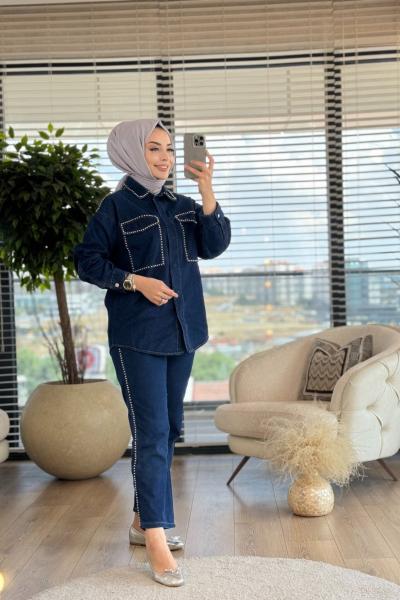 7138 Kot Omuz Cep Yaka Zımba Detaylı Takım Lacivert