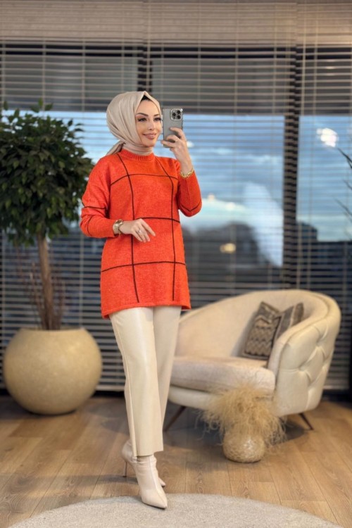 7139 Kare Sim Desenli Triko Tunik Oranj