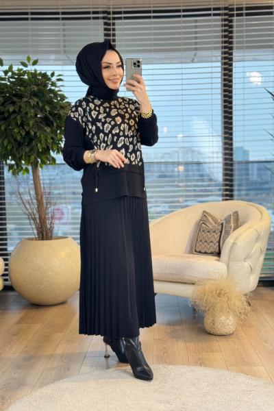 7141 Üst Leopar Desen Pilise Etekli Takım Siyah Bej