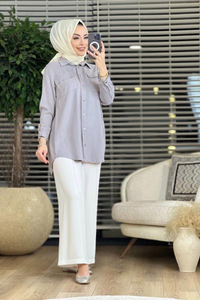 7144 Omuzları Yıldızlı Tencel Tunik Gri