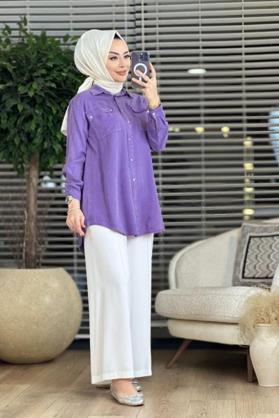 7144 Omuzları Yıldızlı Tencel Tunik Lila