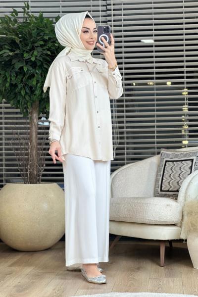 7144 Omuzları Yıldızlı Tencel Tunik Ekru