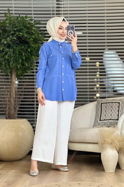 7145 Omuzu Apoletli Tencel Tunik Mavi