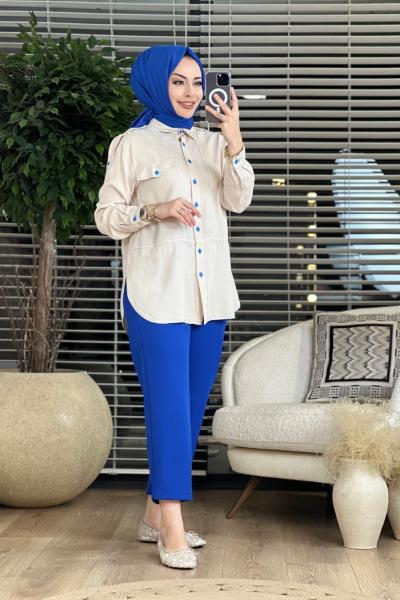 7145 Omuzu Apoletli Tencel Tunik Ekru