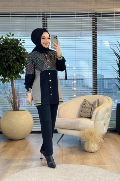 7147 Roba Ve Kol Renkli Hasır Örgü Takım Siyah