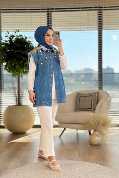 7151 Kot Roba Yaka İnci Ve Nakışlı Yelek Koyu Mavi