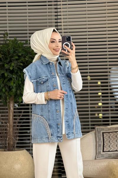 7152 Ön Taş Sallantılı Kot Yelek Mavi