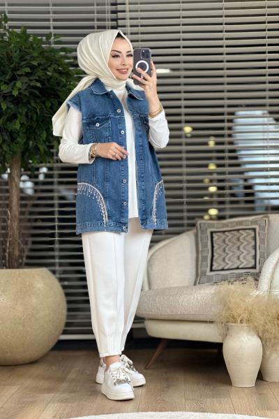 7152 Ön Taş Sallantılı Kot Yelek Lacivert