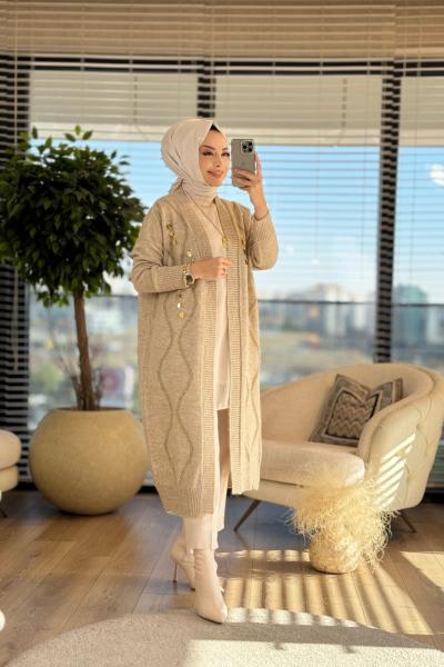 7155 Ön Sim Ve Pul İşlemeli Uzun Hırka Vizon