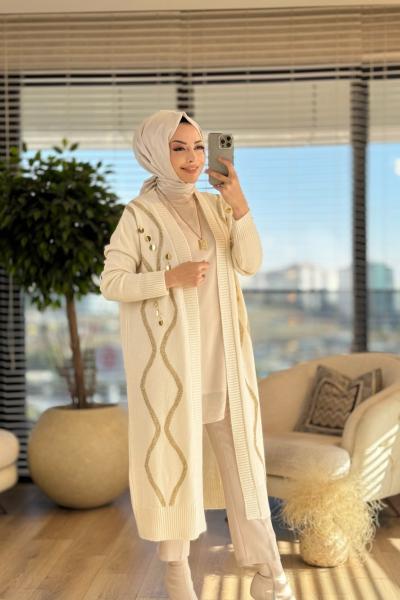 7155 Ön Sim Ve Pul İşlemeli Uzun Hırka Ekru