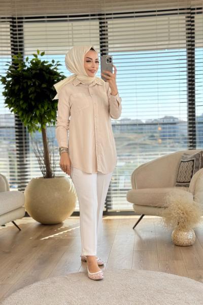 7170 İki Cepli Tencel Tunik Ekru