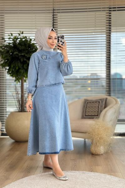 7173 Etekli Kot Takım Mavi