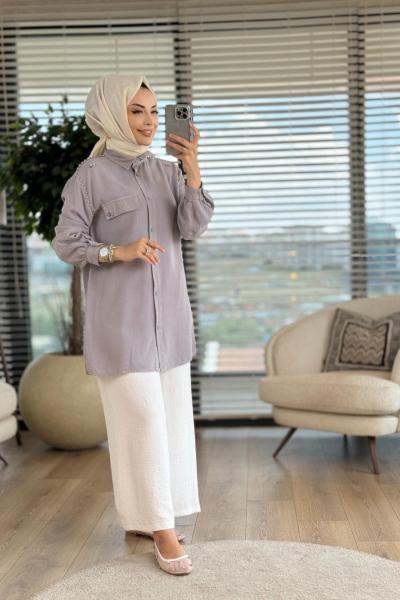 7175 Omuzları Boncuklu Tencel Tunik Gri