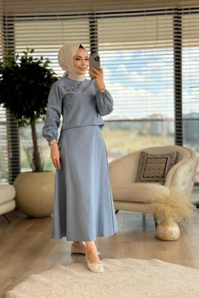 7181 Sol Göğsü Çiçek Üstü Taş Detaylı Takım Mavi