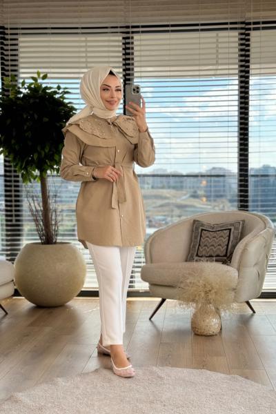7183 Mendil Yaka Tunik Bej