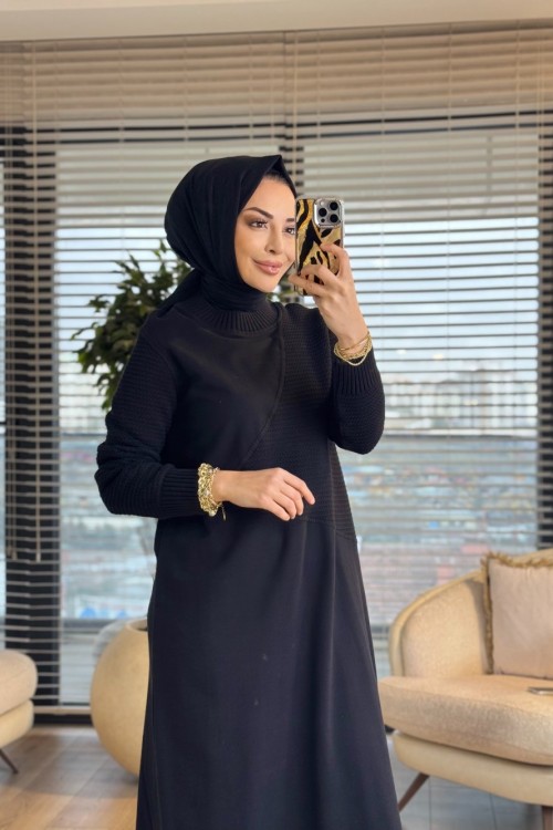7187 Nokta Örgü İki İplik Elbise Siyah