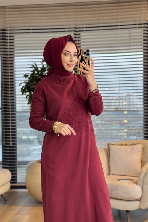 7187 Nokta Örgü İki İplik Elbise Bordo