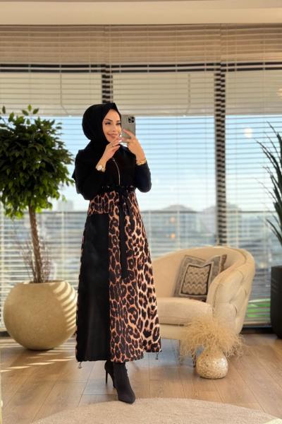 7189 Arkası Ve Eteği Leopar Desen Elbise Siyah